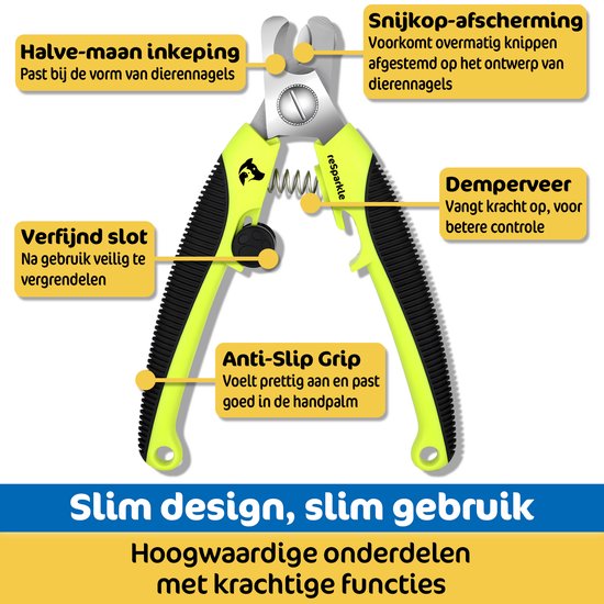 Gele nagelknipper met zwarte handgrepen, gedetailleerde functies. Tekst: Slim design, slim gebruik, hoogwaardige onderdelen.