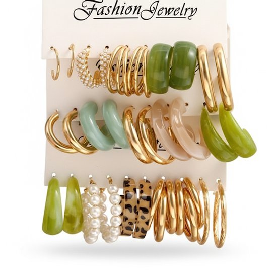 Set de 15 paires de Boucles d'oreilles pour femmes – Mix de créoles en or, Acryl, perles et imprimé léopard, de Diverse tailles et styles