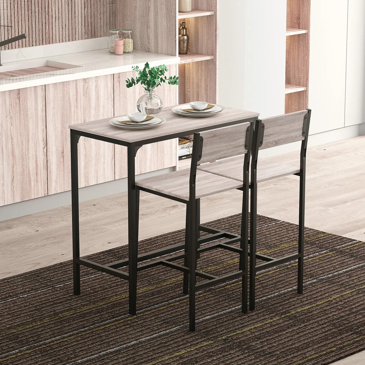 Pugsdrly Bartafelset Bartaamtafel met barkrukkenset Eettafel met 2 stoelen met rugleuning Keukentafel voor eetkamer, keuken, naturel+zwart