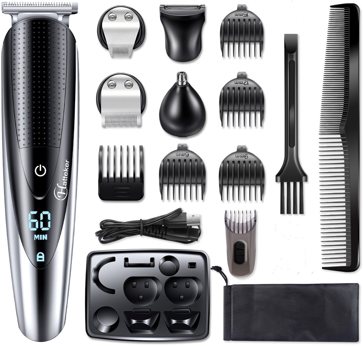Hatteker 5-in-1 Tondeuse voor Heren – Baardtrimmer, Haartrimmer & Bodygroomer – Professioneel en Oplaadbaar