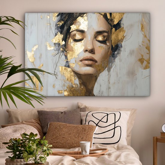 Peinture sur toile 120x80 cm - Décoration murale Gracieuse - Femme - Or - Yeux - Décoration murale salon - Décoration chambre - Accessoires chambre - Peintures sur toile