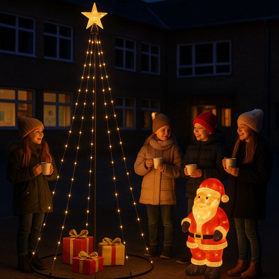 Verlichte kerstboom van 2,10m met ster, buiten met kinderen en kerstman decoratie.