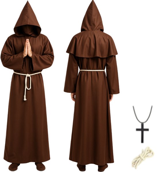 Voor- en achterkant van een bruin monnikenpak met kap en touw, plus een afbeelding van een kruis.