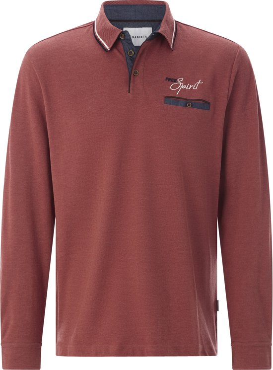 Rood langarm polo shirt met 'Free Spirit' borduring op de borst en denim zakje met knoopsluiting.