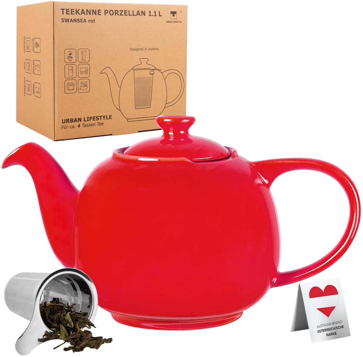 Porseleinen theepot met zeef - drupvrij schenken - 1,1 liter - modern