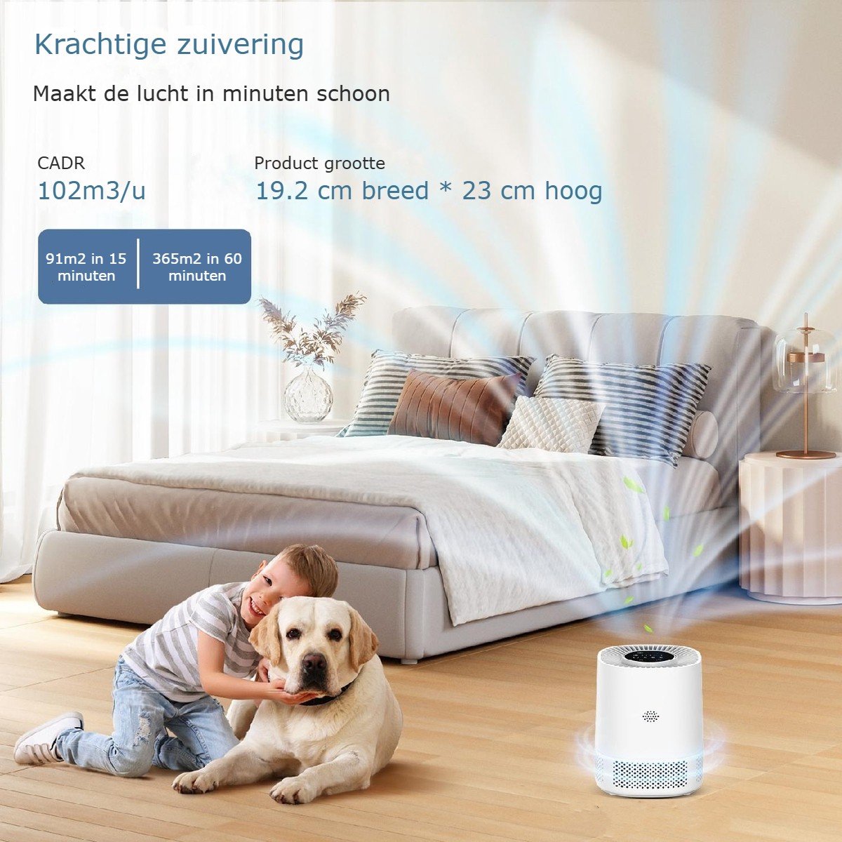 Luchtreiniger – air purifier – vervangbaar H13 HEPA filter en koolstof filter – 102m3/u – indicatie luchtkwaliteit – tegen stof, allergie, dierenharen, huisstofmijt en kooklucht – 3 snelheden, slaapstand en automatische stand – slimme luchtzuiveraar — afbeelding 6