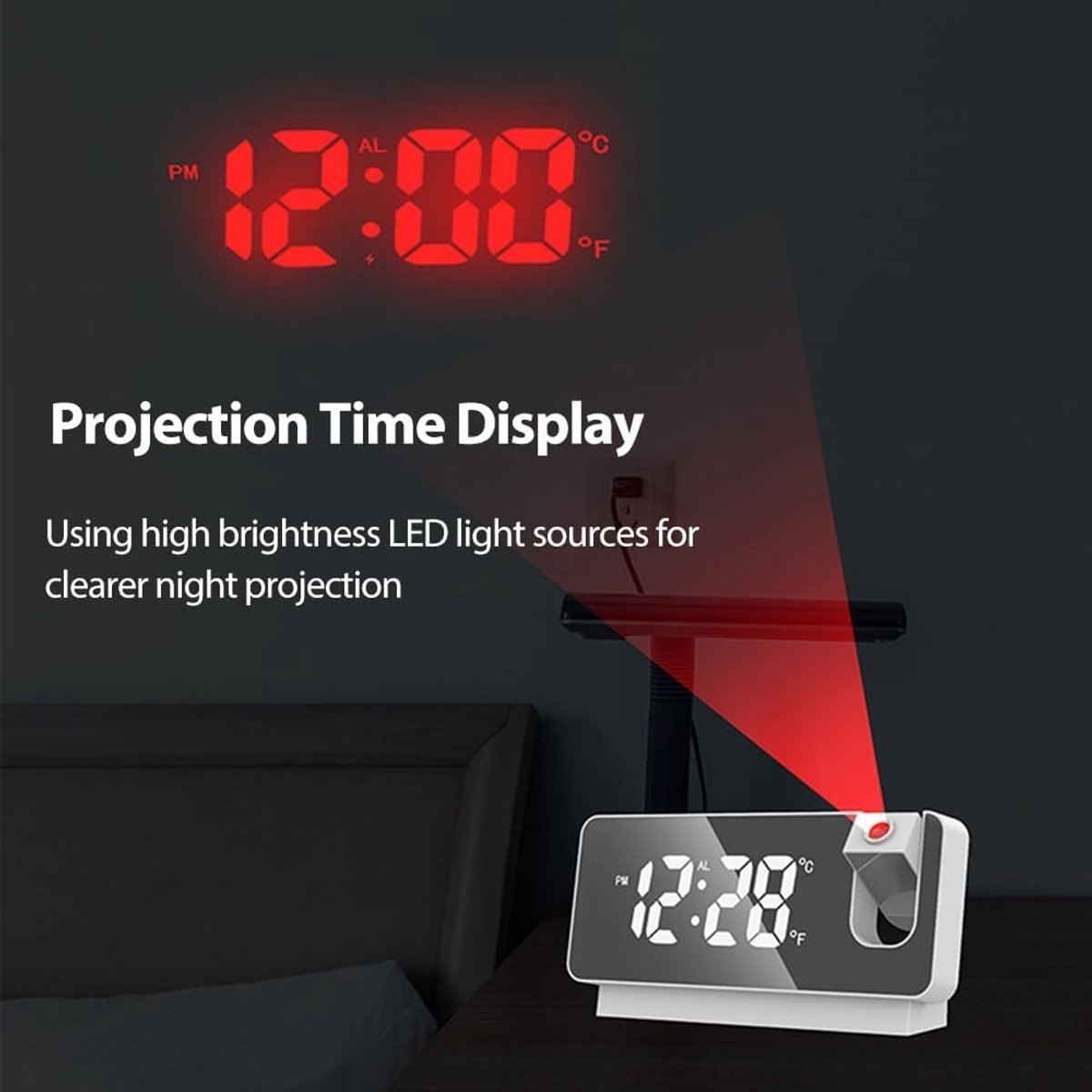Wekker met projectie-2 stuks wekker analoog-Draagbare projectiewekker - LED digitale klok geprojecteerd op plafondmuur 180° projector USB-aangedreven nachtkastjeklok - Stille slaapklok voor thuis slaapkamers - Zwart - 16x3.5x9.2 – foto 2