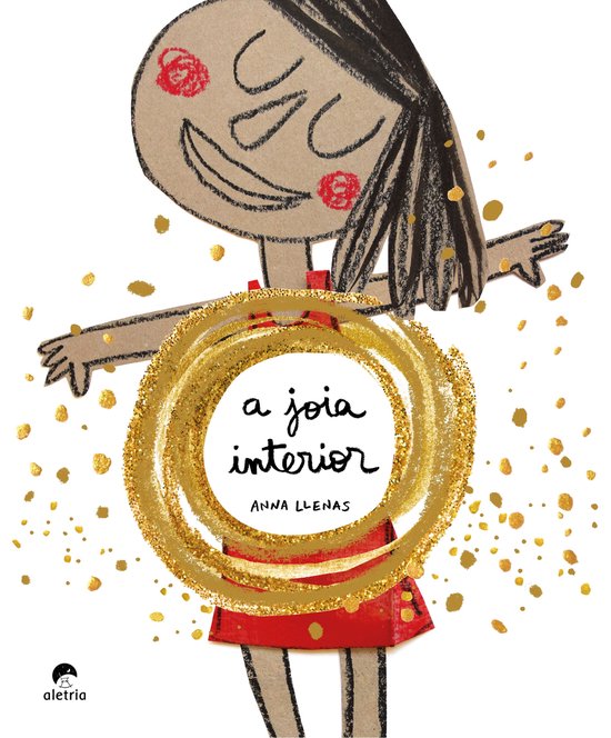 Een meisje met bruin haar en een rode jurk, omringd door gouden glitters. De tekst 'a joia interior' staat in het midden.