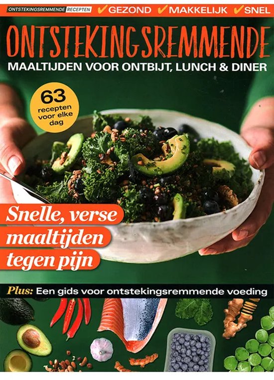 Kookboek 'Ontstekingsremmende Recepten' met een kom salade, recepten voor ontbijt, lunch en diner.