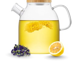 GREENKY® Glazen theepot met filter en bamboe deksel- Theekan - Duurzaam - Filter - Theehouder - Theeglas - Fruitkan - Schenkkan - Sinterklaas en Kerst cadeau - Teapot - 1,6Liter - 1600ml