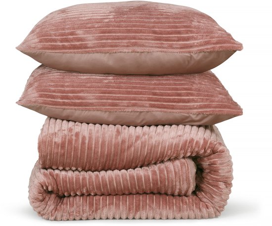 Housse de couette DoubleDry en flanelle côtelée - Taille double 240 x 220 cm + 2 Taies d'oreiller - Douce et agréable au toucher - Vieux rose