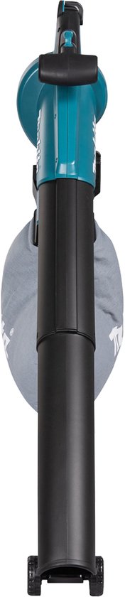 Van bovenaf gezien, turquoise Makita bladblazer met zwarte slang.