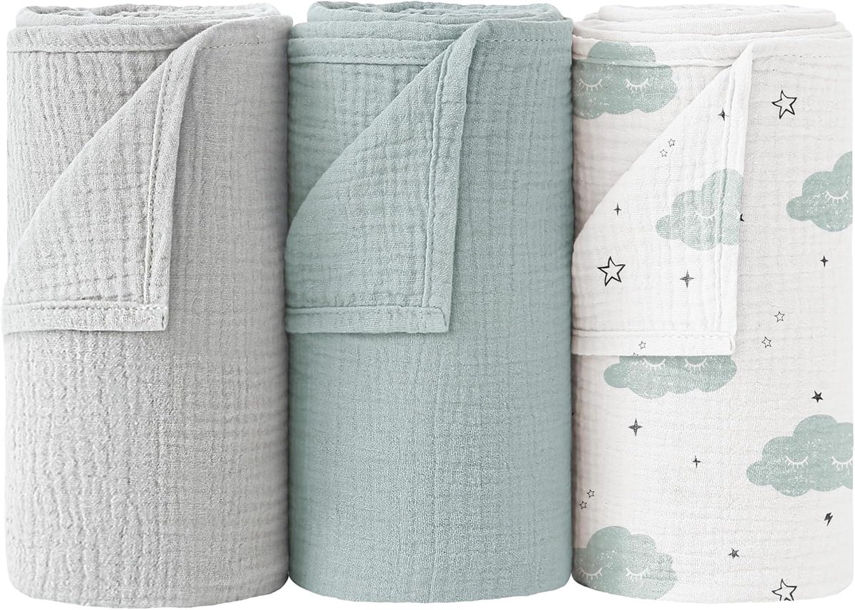 Image of Ademende Mousseline Inbakerdoek voor Baby's - 100% Katoen, 3 Stuks, 96 x 102 cm