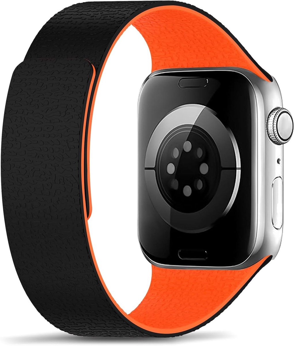 Allecto plus - Magnetische siliconen armband voor Apple Watch 42 mm en 41 mm - Zwart-Oranje - Compatibel met diverse modellen - In diverse maten.varianten