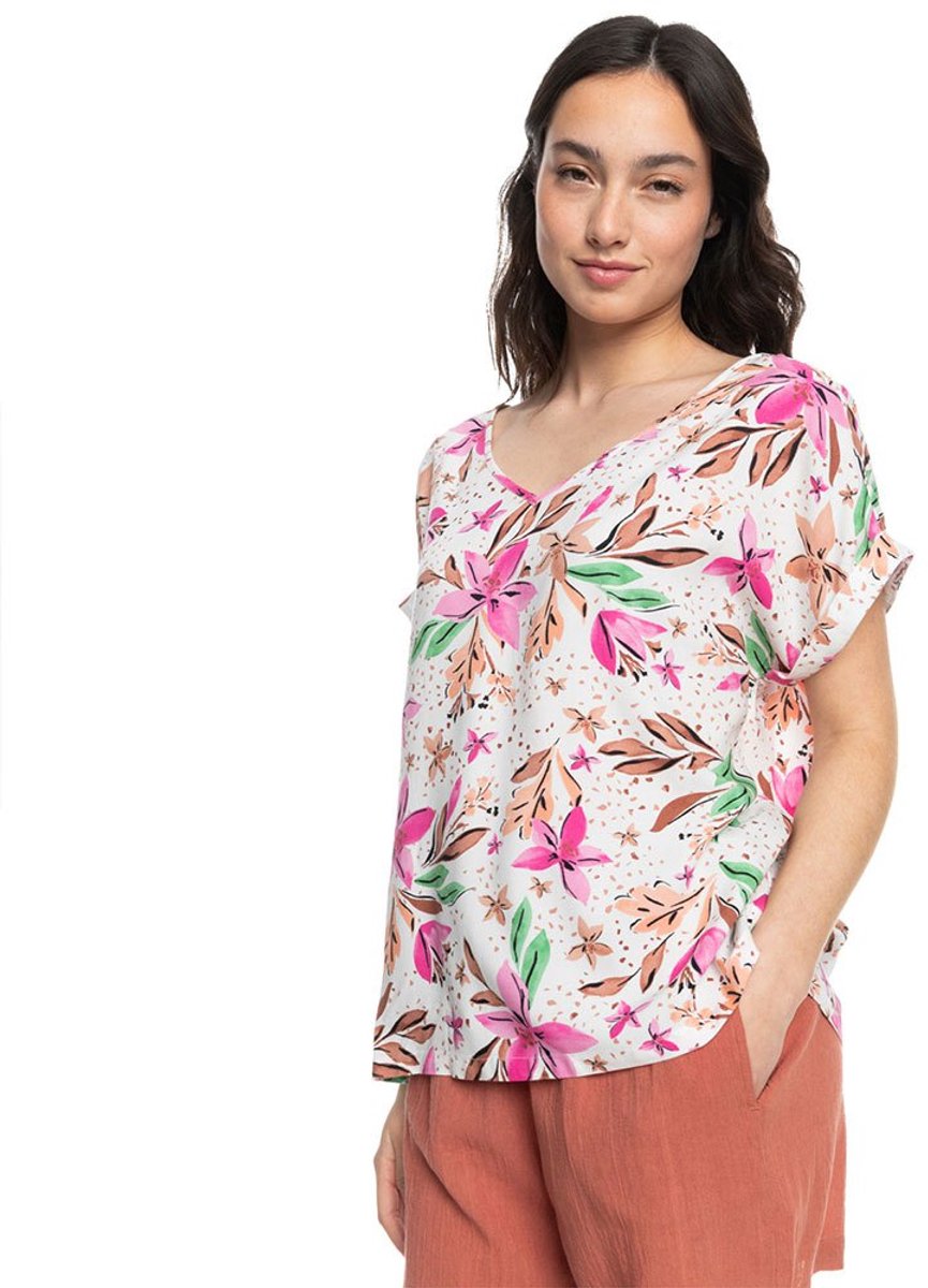 Roxy Sweet Hibiscus T-shirt Met Korte Mouwen En V-hals Veelkleurig M Vrouw Wit
