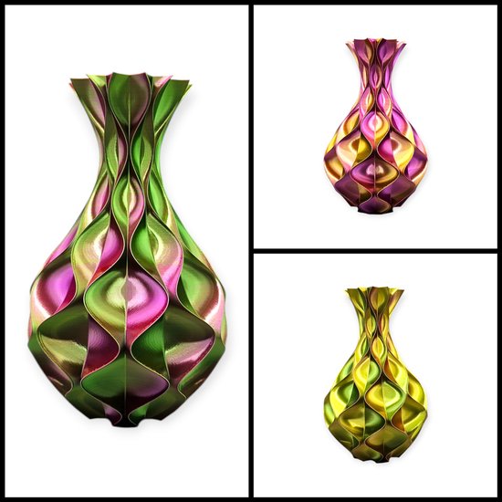 Layerzz - Vaas Wave Elegance - 3-D print - voor droogbloemen en zijdebloemen - modern - kleurrijk - goud groen paars