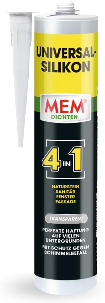 MEM Universal Silicone 4-in-1, siliconenkit voor natuursteen, sanitair, ramen en gevels, binnen en buiten, 300ml koker, zwart