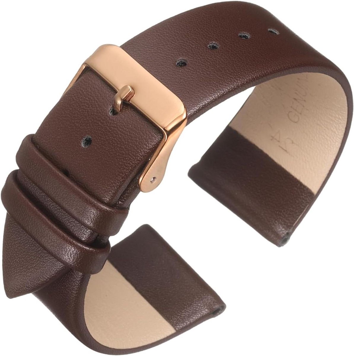 Allecto plus - Echt lederen horlogeband 24 mm - Donkerbruin - Plat en elegant - Roségouden gesp - Unisex