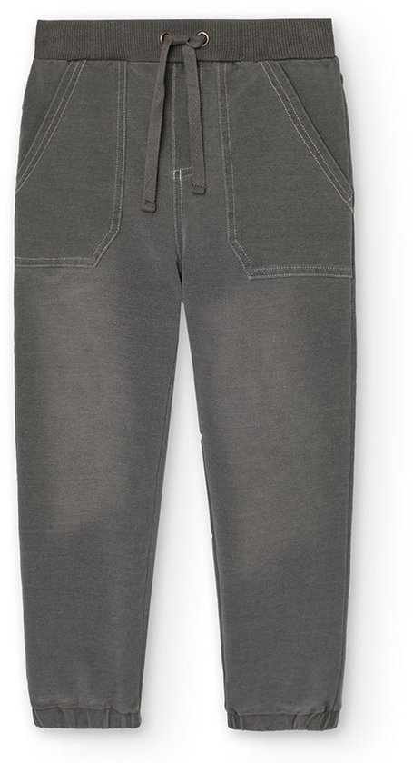 Grijze fleece spijkerbroek met elastische taille, trekkoord en opgestikte voorzakken met lichte stiksels.