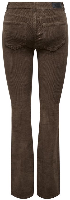 Bruine corduroy broek met rechte pijpen, zichtbaar achterpand.