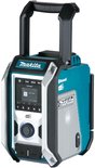 Makita bouwradio in turquoise en zilver met handvat, display en zilveren speakergrill.