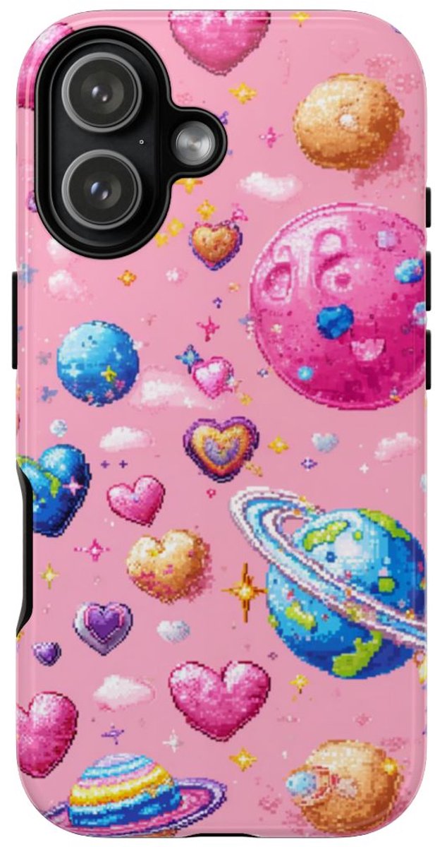 Pixel Art Harten en Planeten Patroon – Telefoonhoesje Geschikt voor iPhone 17