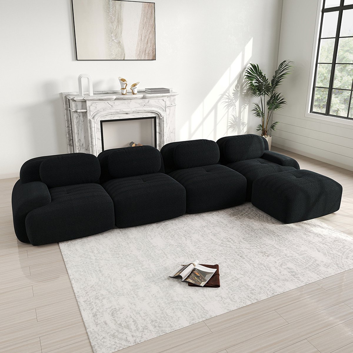 KOMHTOM BLACKCOLORS Hoekbank met 4 zitplaatsen met zeer elastische 32D-vulling, antislip, met chaise longue, extra brede armleuningen, vrij te combineren, zonder montage, voor kantoor, woonkamer en thuisbioscoop, zwart