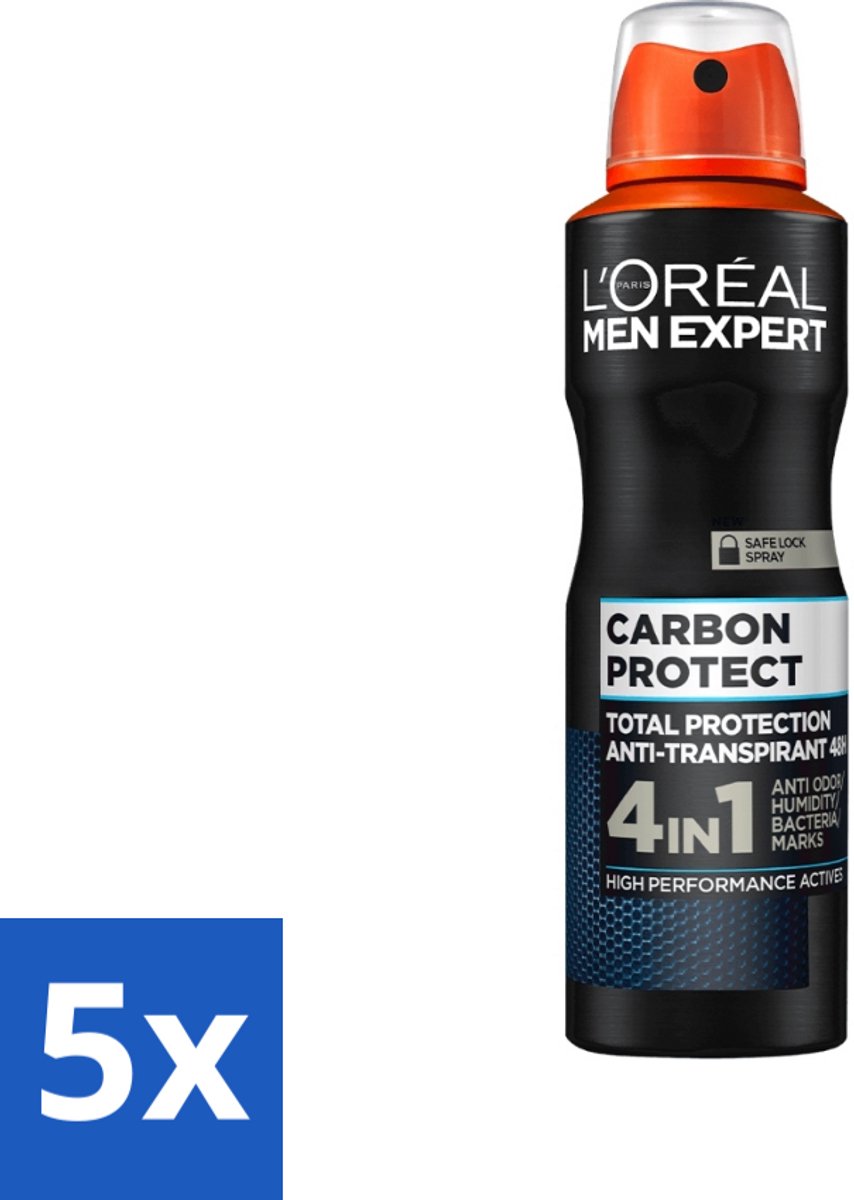 5 x L'Oréal Men Expert Deodorant Spray Carbon Protect 150 ml - Deodorant Spray - Anti-geur - Anti-vocht - Anti-bacterie - Vlekken Op Kleding