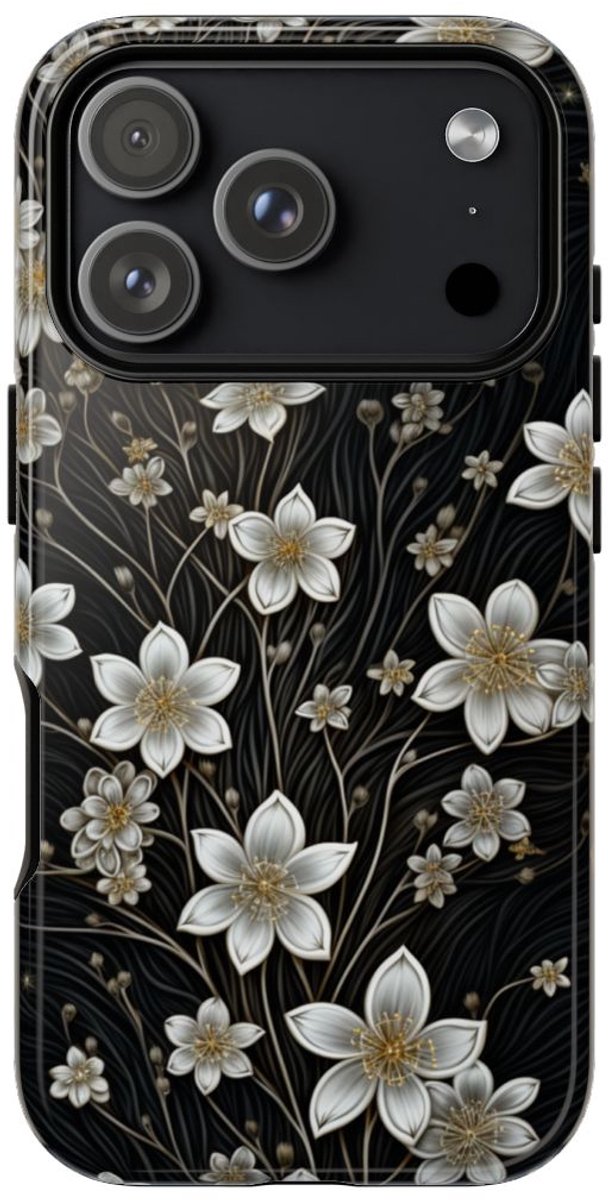 Elegante Witte Bloemen op Zwarte Achtergrond – Telefoonhoesje Geschikt voor iPhone 17 Pro