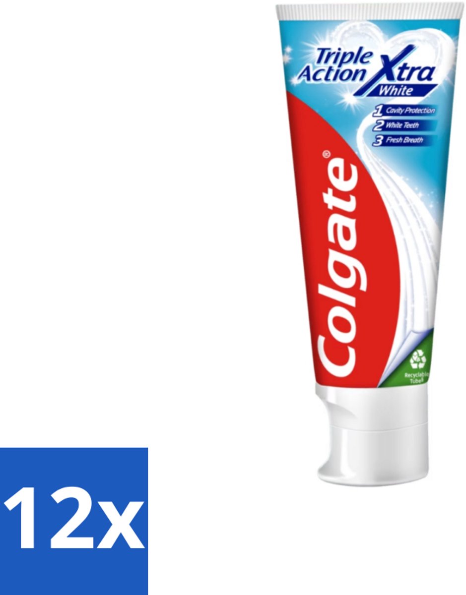 12 x Colgate Tandpasta Triple Action Xtra White 75 ml - Tandpasta - Gaatjes - Wittere Tanden - Frisse Adem - Mondverzorging