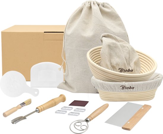 Rijsmand met Deegschraper en Broodzak voor Broodbakken - Rond en Ovaal Rijsmandje geschikt voor Zuurdesem - Broodmand Brood Bakken - Set met Deegsnijder Deegmesje Deegsteker Deegkleed Deense Deegklopper - voor Zelfgebakken Brood