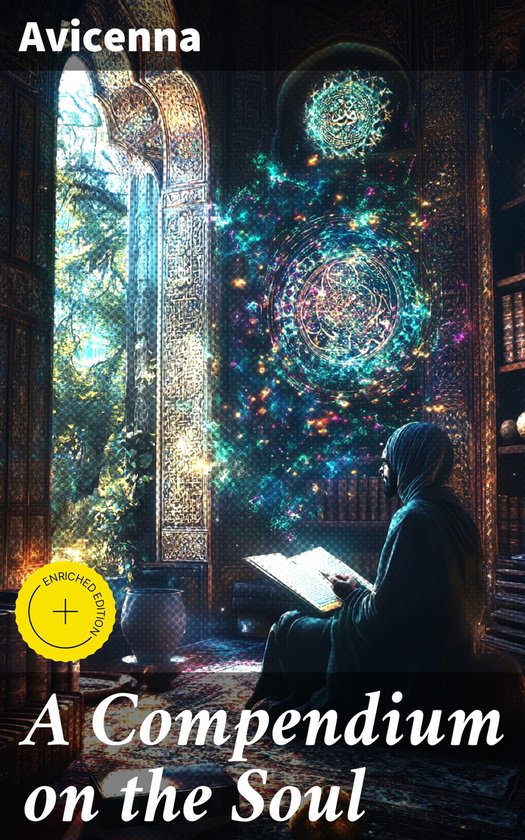 Een compendium over de ziel, met een verrijkte editie. Een figuur leest in een kamer met mystieke, kosmische patronen.