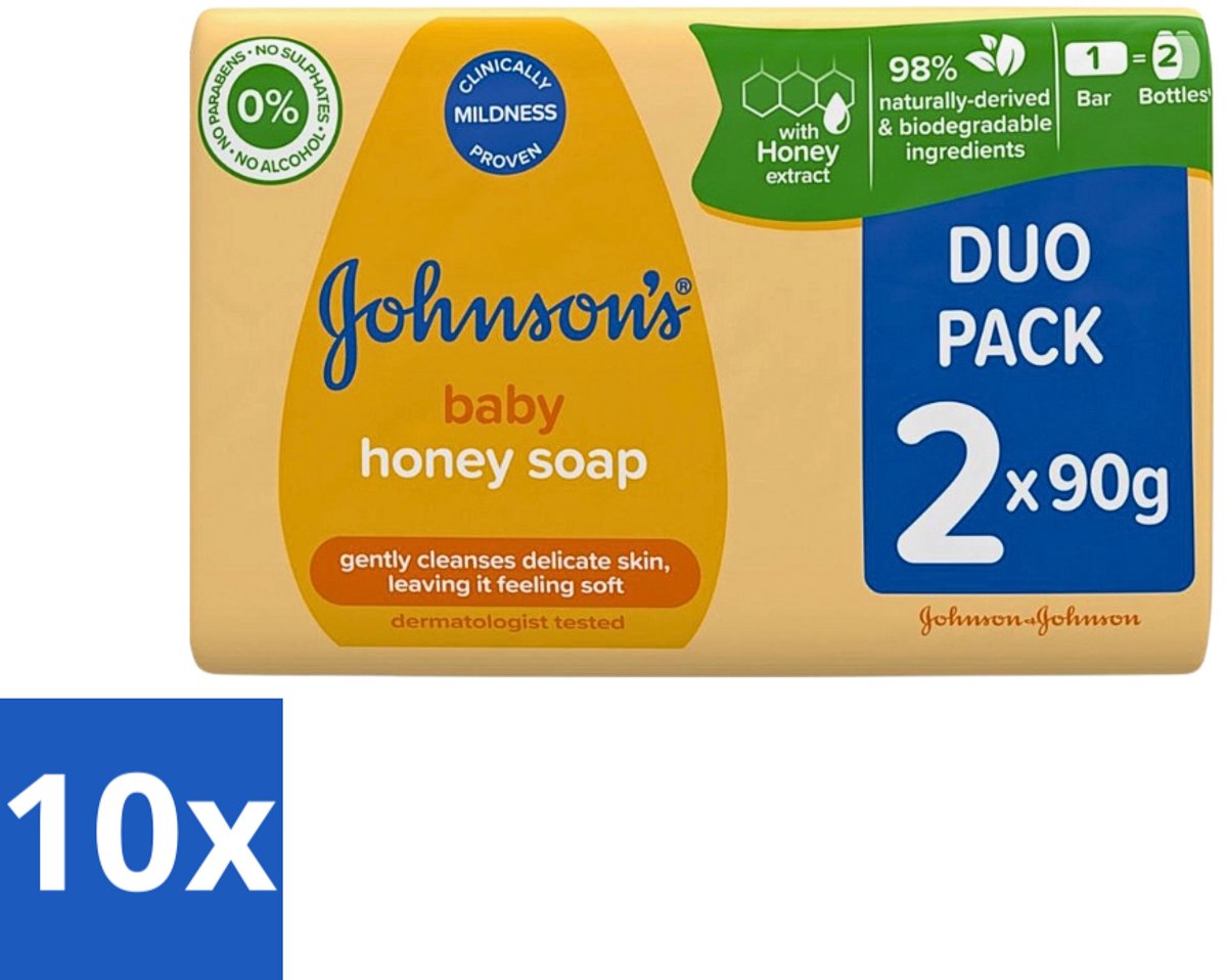 10 x Johnson's - Baby Honey Soap - Zacht - Reinigt Gevoelige Huid - 2 x 90 g - Babyhuid Reinigen - Honing Zeep - Gevoelige Huid - Zachte Zeep - Dermatologisch Getest