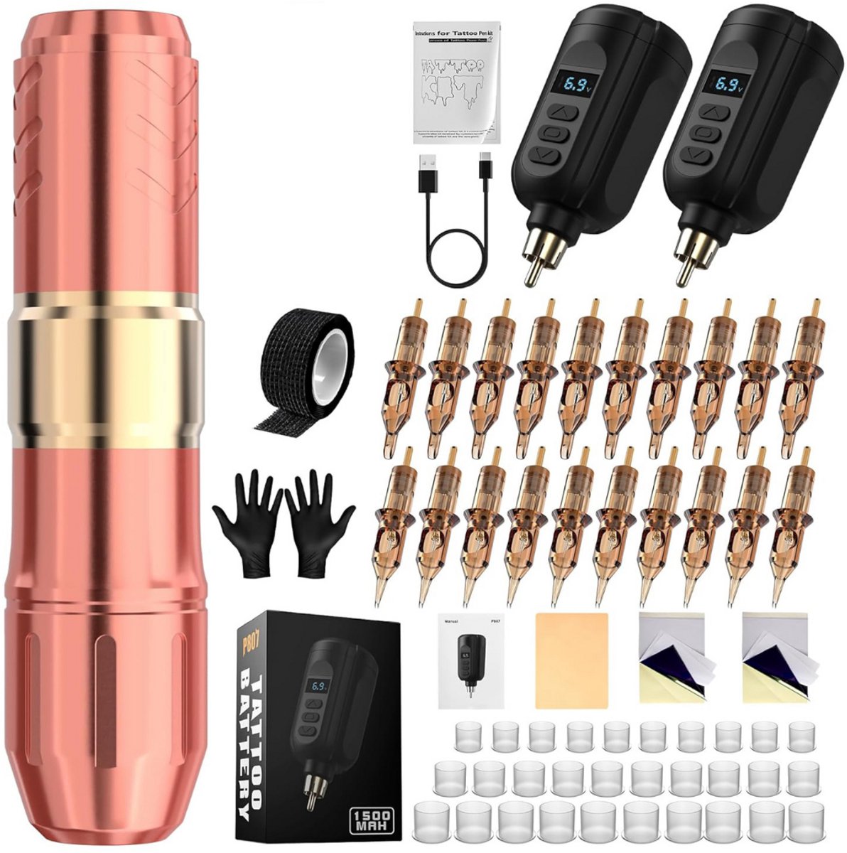MKSS® Tattoo Machine met Accessoires - Tattoo kit Draadloos - Complete Set - Perzik