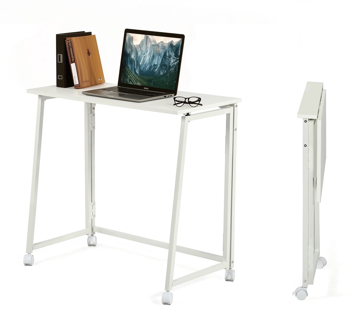 MEUBLES COSY Opvouwbaar bureau – Laptoptafel met 4 wielen – Voor kleine ruimtes – Industrieel metaal frame – Wit
