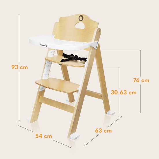 Lionelo Floris - Chaise haute - bois de bouleau - réglage à 4 niveaux - jusqu'à 40kg