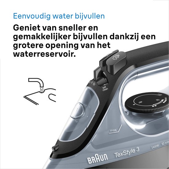 Detail van het Braun TexStyle 3 stoomstrijkijzer met grote opening voor het waterreservoir.