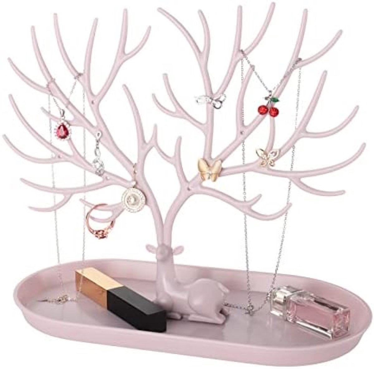 2-in-1 Sieradenboom en Sieradendienblad - Roze Sieradenstandaard voor Oorbellen, Kettingen, Armbanden en Horloges - Praktische Sieradenopbergoplossing met Gewei Design