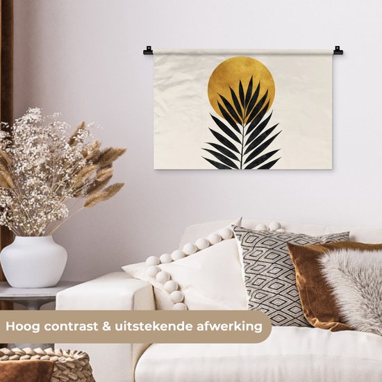 Wandkleed 60x40 cm - Wanddoek Zwart palmblad - Gouden cirkel - Beige achtergrond - Wandtapijt - Wandkleden
