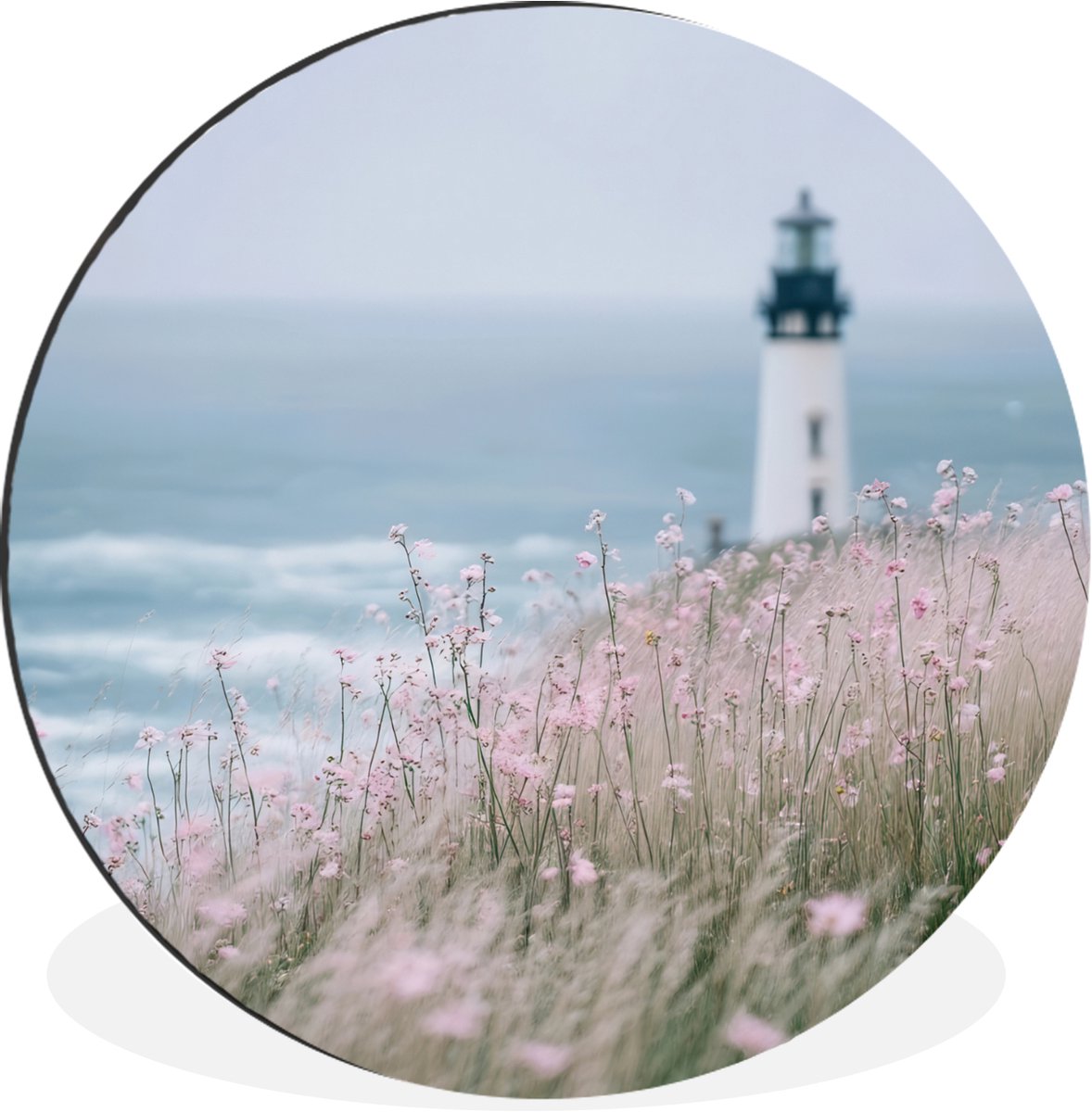 WallCircle Wandcirkel - Muurcirkel - Vuurtoren - Klif - Zee - Bloemen - Aluminium - Dibond - 90x90 cm - Binnen en Buiten Vuurtoren - Zee - Bloemen