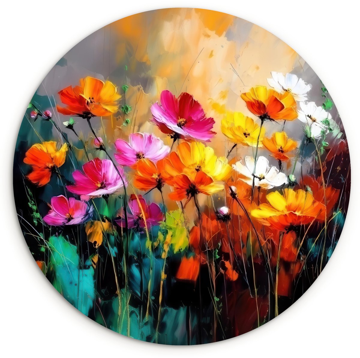 WallCircle Wandcirkel 60x60 cm - Muurcirkel Felgekleurd - Bloemblaadjes - Abstract - Muurdecoratie woonkamer - Wanddecoratie slaapkamer - Kamer decoratie accessoires - Ronde schilderijen