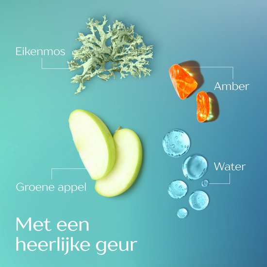Ingrediënten voor een geur: eikenmos, amber, groene appel en waterdruppels.