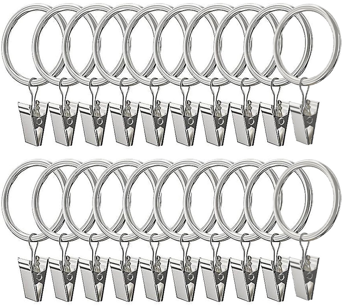 JeiibrZui Gordijnringen Met Clips - Gordijnroederingen Met Clips - Stevige Metaalconstructie/Glad Oppervlak - 20 stuks- Voor Raamgordijnen/Bedgordijnen + Zilver