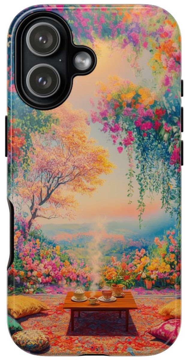 Vrolijke Bloementuin met Theemoment – Telefoonhoesje Geschikt voor iPhone 17