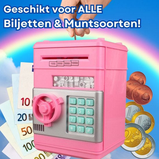 RAMBUX® - Coffre-fort avec PIN & Son - Rose - Tirelire - Pièces & Billets - Tirelire Automatique - Jouets Éducatif