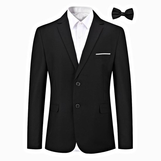 Zwarte blazer voor heren met twee knopen, witte overhemdkraag, binnenzak en strik, op witte achtergrond.
