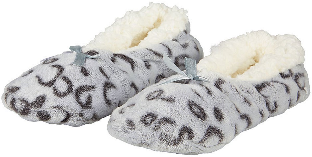 Apollo ballerina sloffen - fleece - grijs - antislip - dierenprint - voor dames - voering wol 37-39