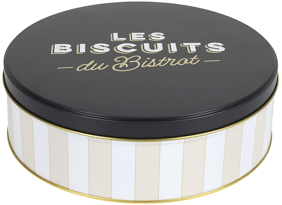 Cook Concept Koektrommel Les Biscuits - beige/zwart - 22 x 7 cm - 1700 ML - bewaarblik met deksel - metaal - rond