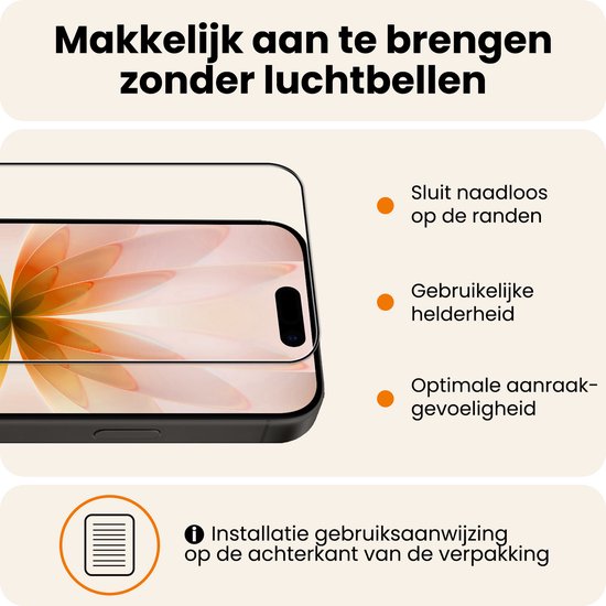 Screenprotector die naadloos op de randen sluit voor optimale aanraakgevoeligheid en helderheid.