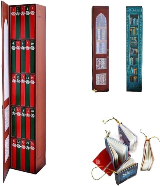 Adventskalender 2025 - Magische boekenplank met 24 miniatuurboeken - Kerstkalender voor boekenliefhebbers - Bruine boekenkastdecoratie (39 cm)